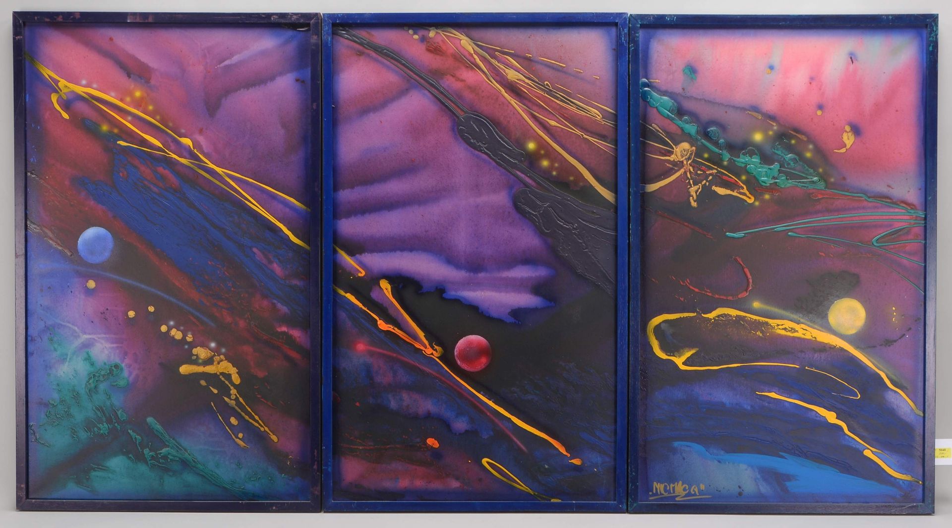 Triptychon, &#039;Farbkomposition&#039;, Acryl auf Leinwand/gerahmt, (nicht eindeutig leserlich) sig