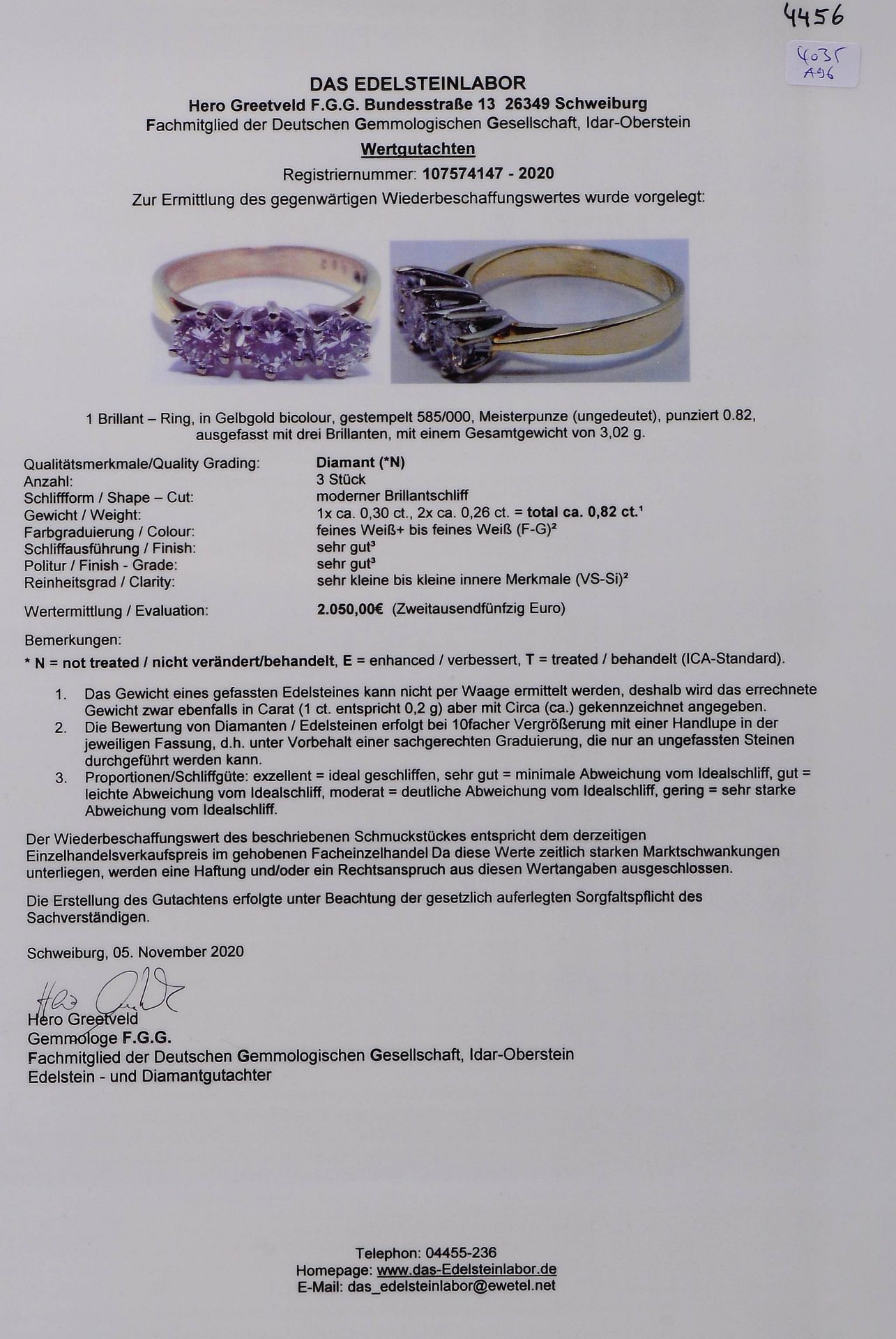 Ring, 585 GG/WG, mit 3-fachem Brillantbesatz/zusammen ca. 0,82 ct, feines Wei&szlig; - Wei&szlig;, V - Image 2 of 3