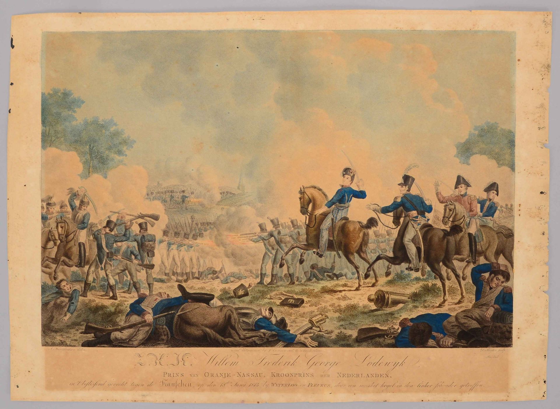 Alter Stich, &#039;Schlacht bei Waterloo 1815&#039;, teilkoloriert, ungerahmt; Ma&szlig;e 34,5 x 48