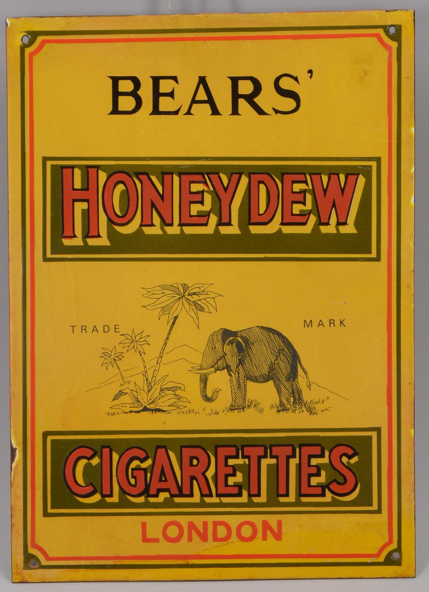 Emaille-Werbeschild, &#039;Bears&#039; Honey Dew Cigarettes, London&#039;; Ma&szlig;e 44,5 x 31,5 cm