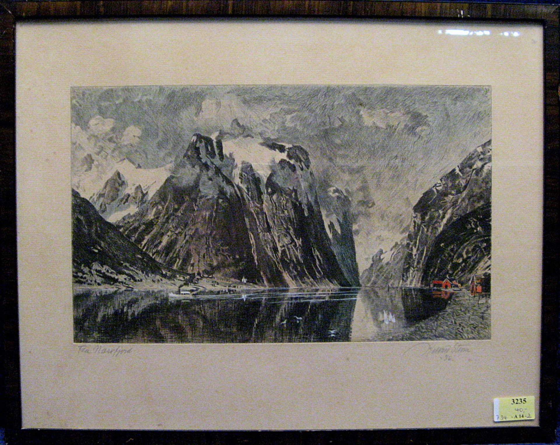 Farbradierung &quot;Fra Narofjord&quot;, bleisign. Storm, (19)36, ca. 38 x 23 cm