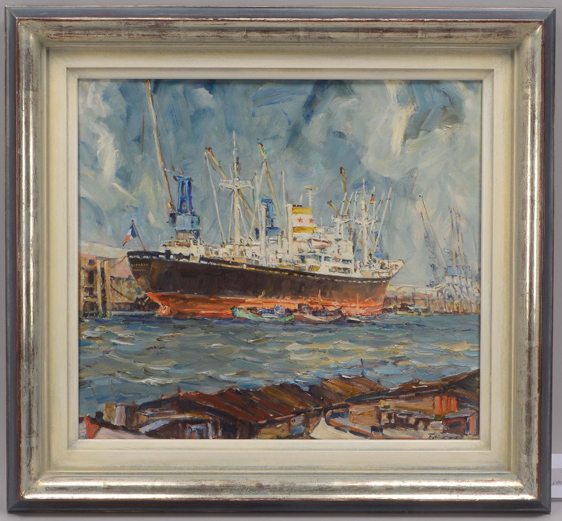 Brinkmann, Johannes (1902 - 1977, Hamburg), -Hamburger Hafen mit der Capria-, Oel/Lw, unten rechts s