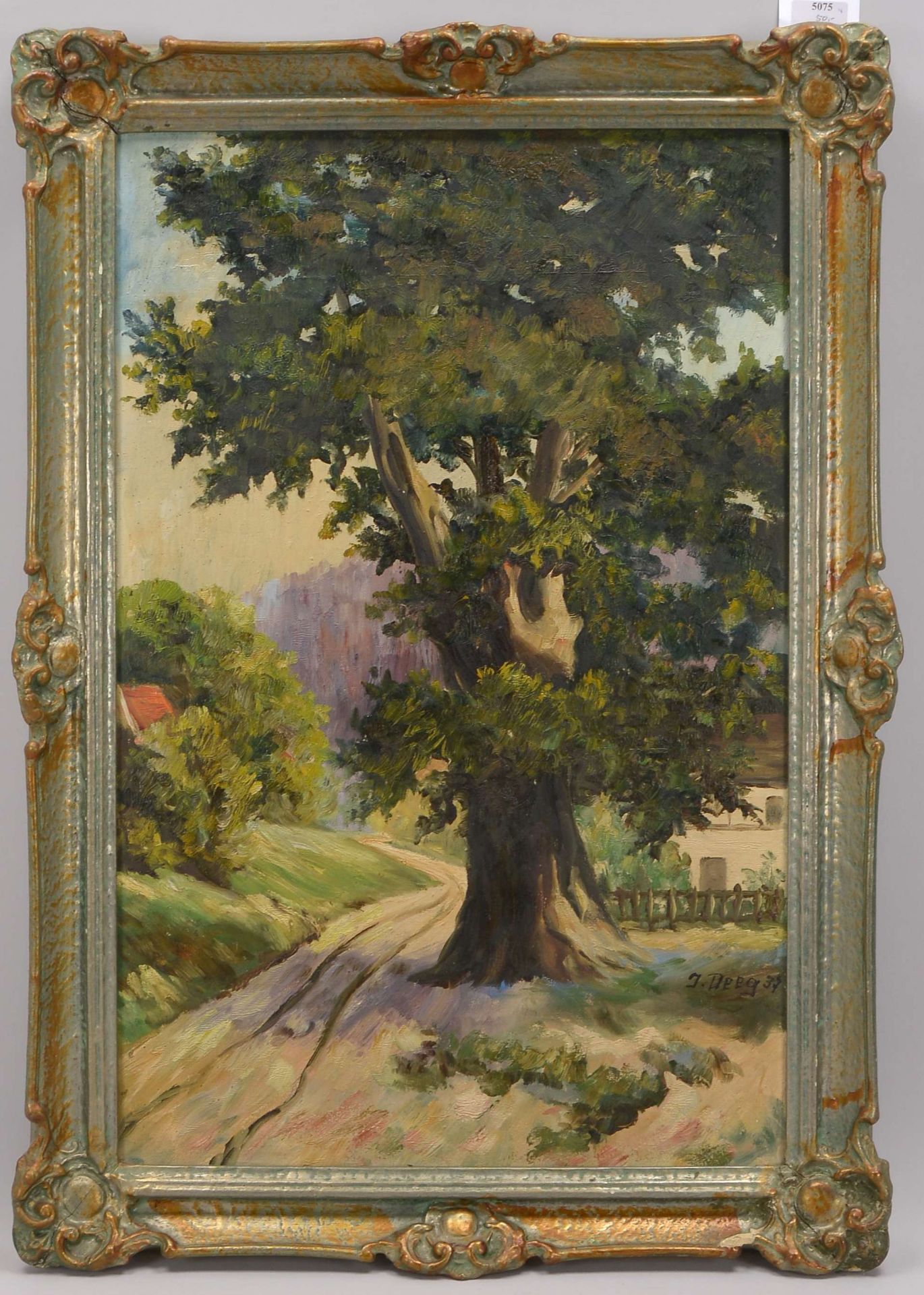 Deeg, J., -Dorfweg mit Baum-, Oel/Lw, unten rechts signiert und datiert (19)37, Bildmasse 71 x 46,5