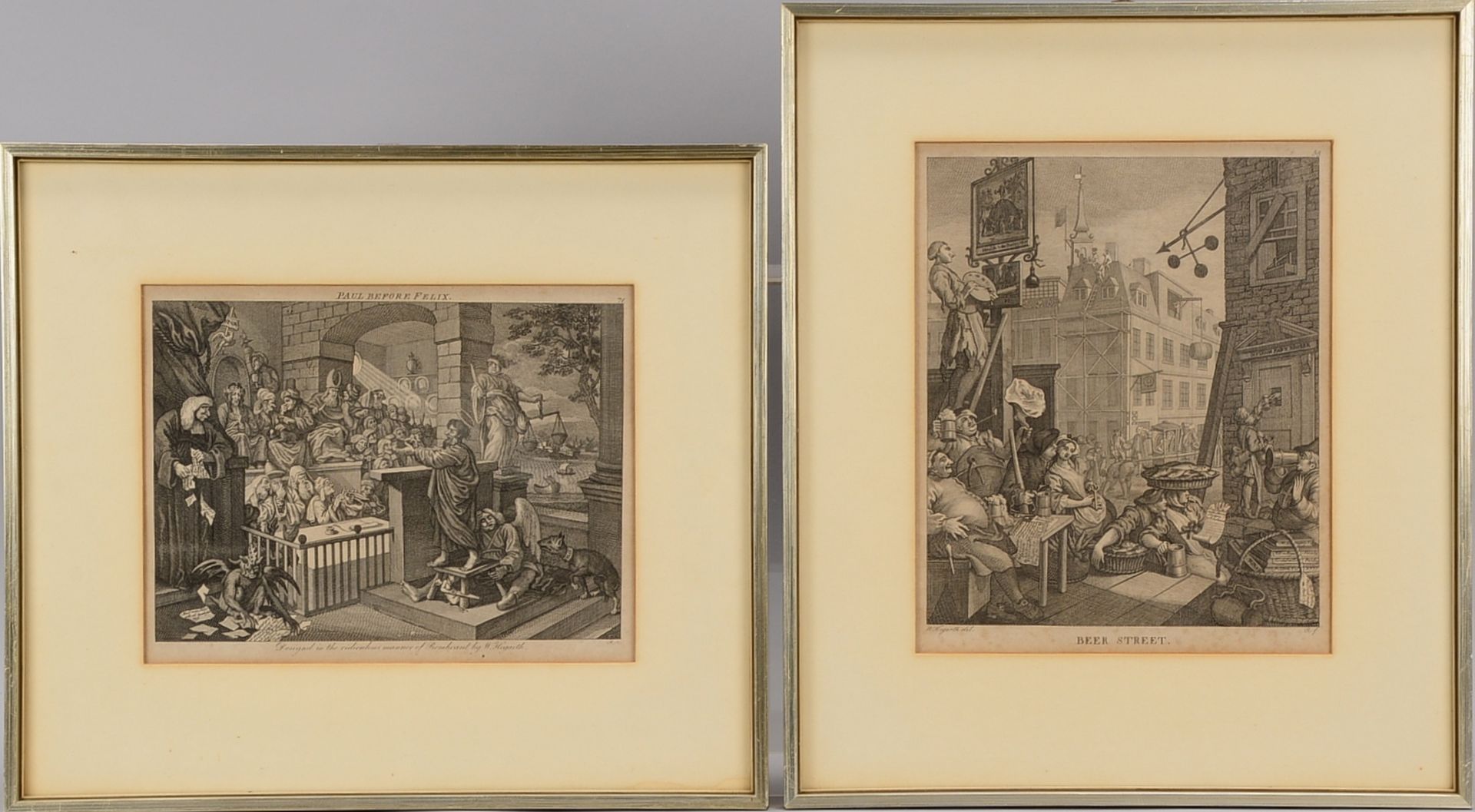 2 antike Stiche, jeweils Kupferstich: 1x W. Hogarth, &#039;Paul before Felix&#039;(nach Rembrandt); 