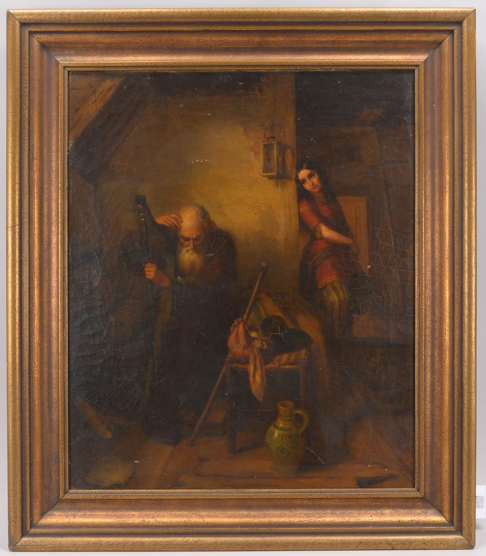 Gemaelde (19. Jahrhundert), -Der alte Harfenspieler-, Oel/Lw, unsigniert, Bildmasse 69 x 57 cm, Rahm