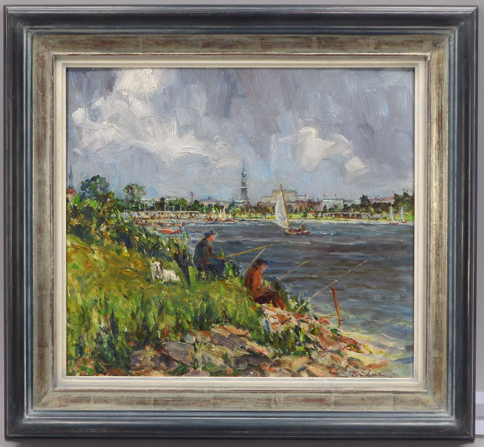 Brinkmann, Johannes (1902 - 1977, Hamburg), -Angler an der Alster-, Oel/Lw, unten rechts signiert, B