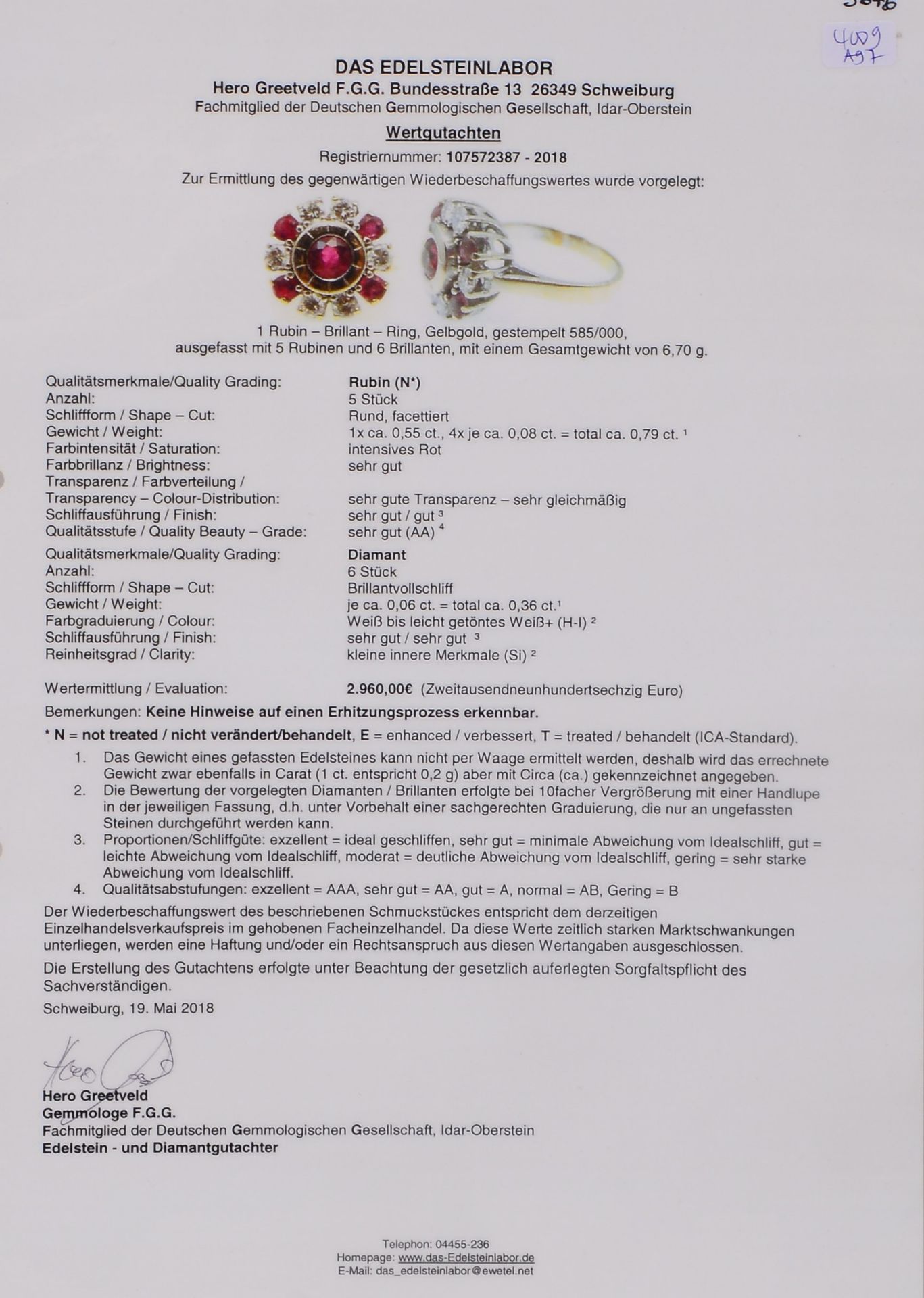 Ring, 585 GG (gez.), mit 5-fachem Rubinbesatz/zusammen ca. 0,79 ct, und 6-fachem Brillantbesatz/zusa - Image 3 of 3