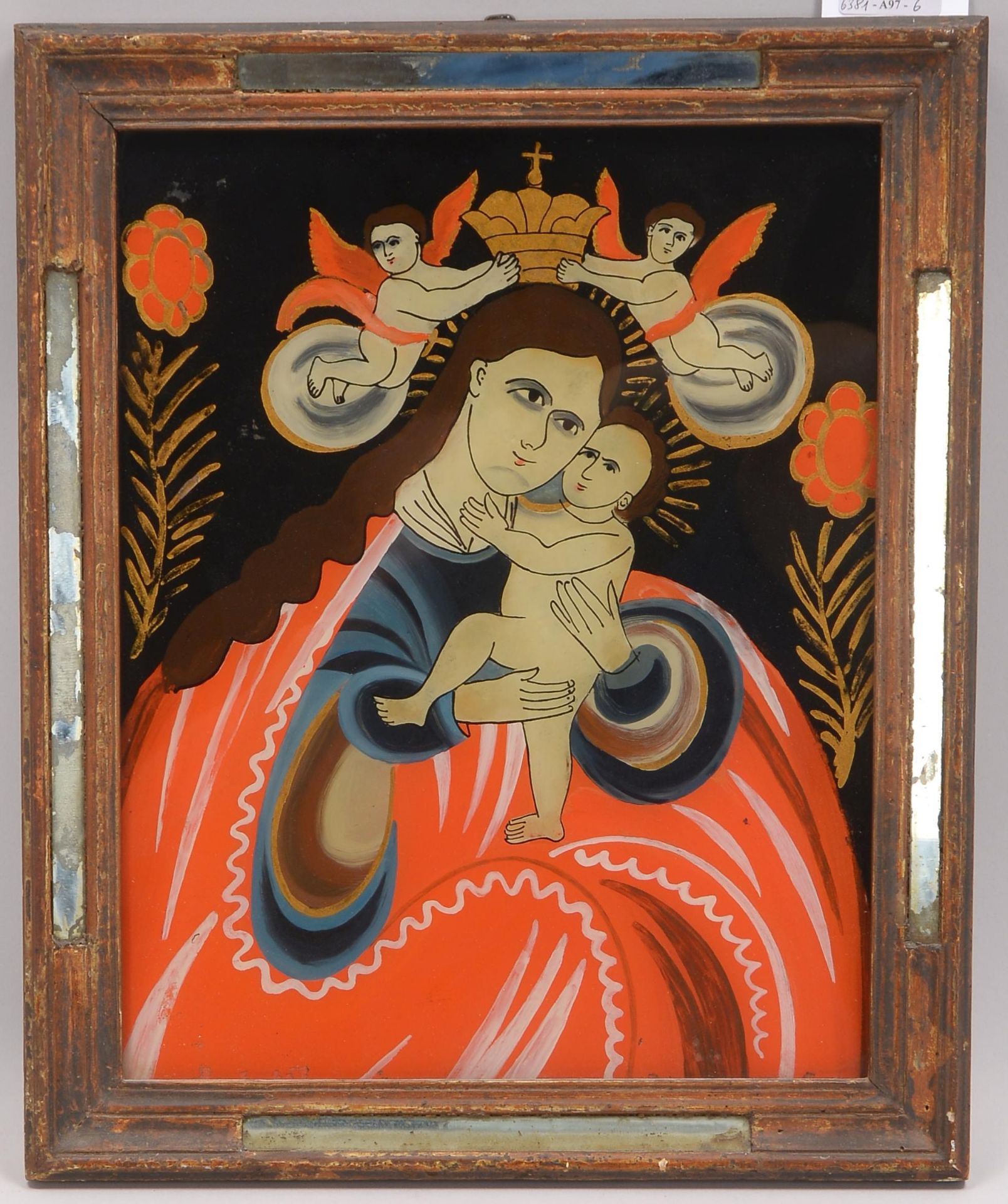 Hinterglasmalerei, -Muttergottes mit dem Jesuskind-, gerahmt, Bildmasse 37 x 29 cm, Gesamtmasse 43 x