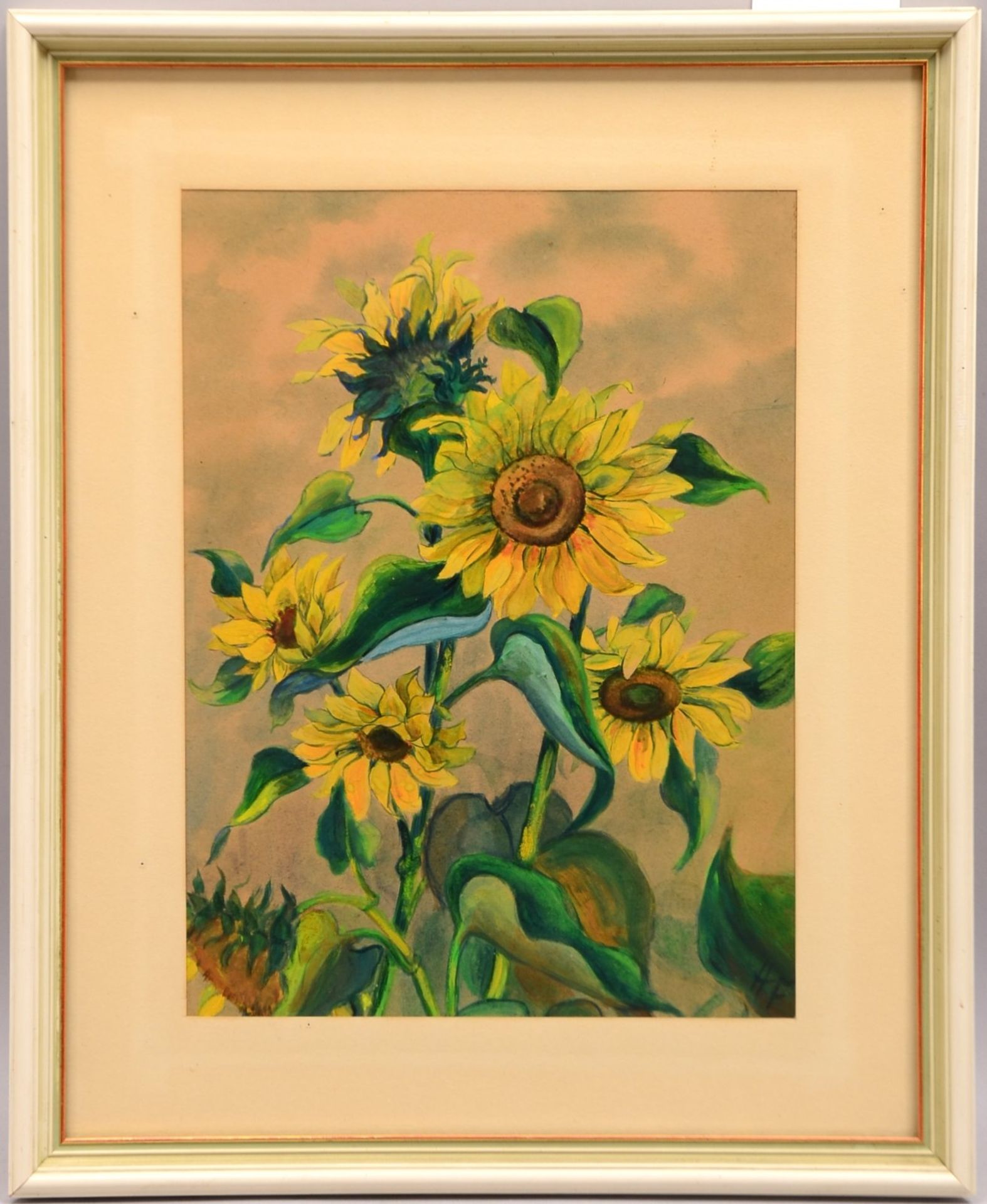 Monogrammist HF, &#039;Sonnenblumen&#039;, Mischtechnik auf Papier; Ma&szlig;e 23 x 31 cm