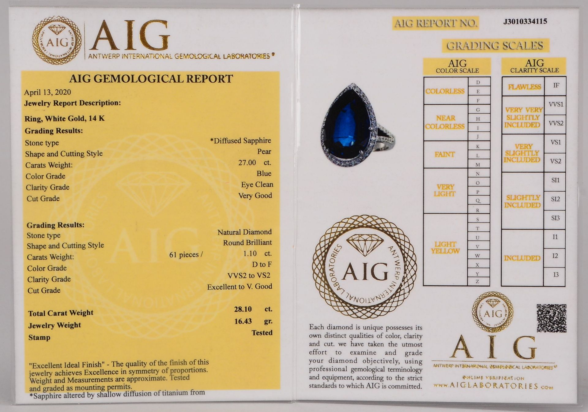 Saphir-Brillantring, 585 WG, mit einzelnem behandeltem Saphir von 27,00 ct, Stein im Birnenschliff,  - Bild 3 aus 3