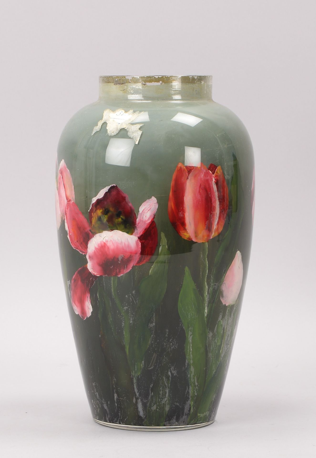 Tischvase, Glas mit floraler Hinterglasmalerei (-Mohnblumen-), Hoehe 31 cm