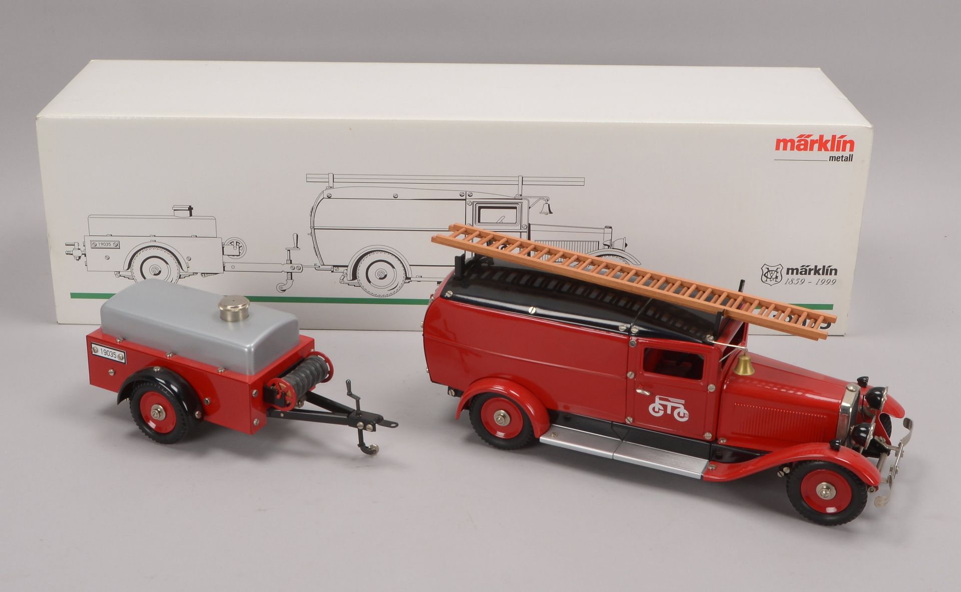 Modellfahrzeug, Maerklin -19035-, Feuerwehrwagen mit Anhaenger, Metall, Modell mit Uhrwerkantrieb, - Image 3 of 3
