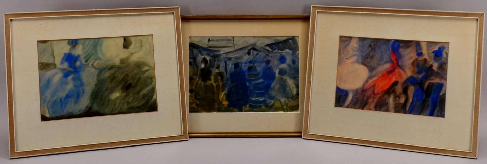 3 Aquarelle, &#039;Personengruppen&#039;, 1x unten rechts unleserlich signiert, alle unter Passepart