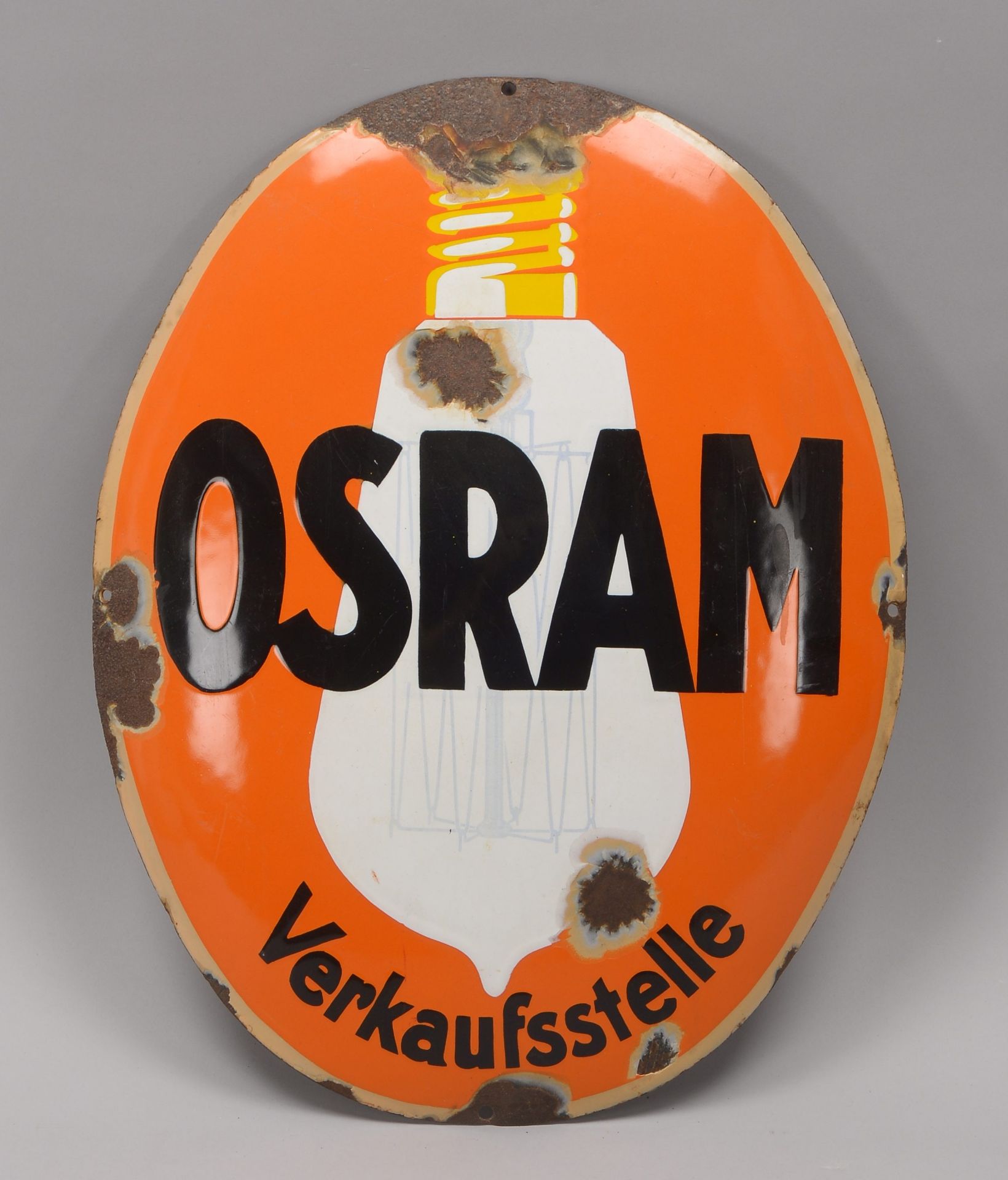 Werbeschild, alt, -Osram-Verkaufsstelle-, ovale Form, emailliert, Hoehe 48 cm (mit groesseren Fehlst