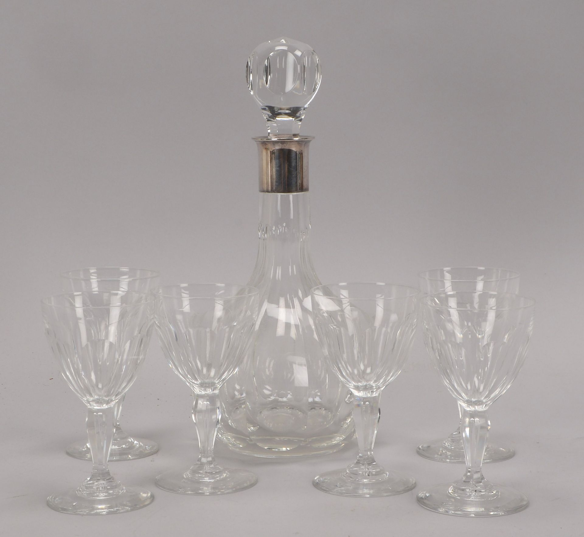 Karaffe, Kristallglas, mit Silbermontierung, Hoehe 28,5 cm, und Satz Glaeser, 6 Stueck, Hoehe 12,5 c - Image 2 of 4