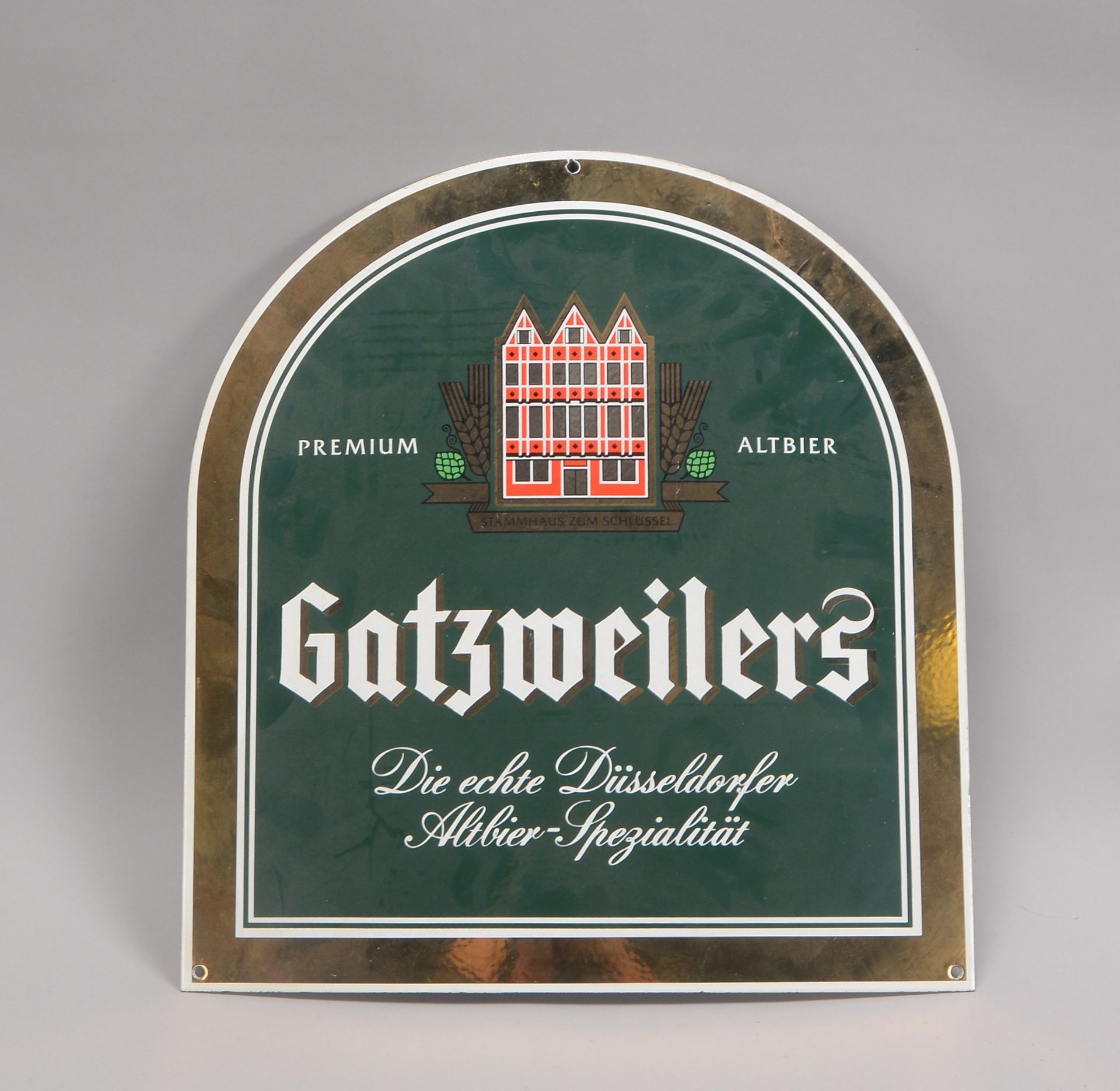 Emaille-Werbeschild, &#039;Gatzweilers&#039; (Bierwerbung); Ma&szlig;e 45 x 42 cm