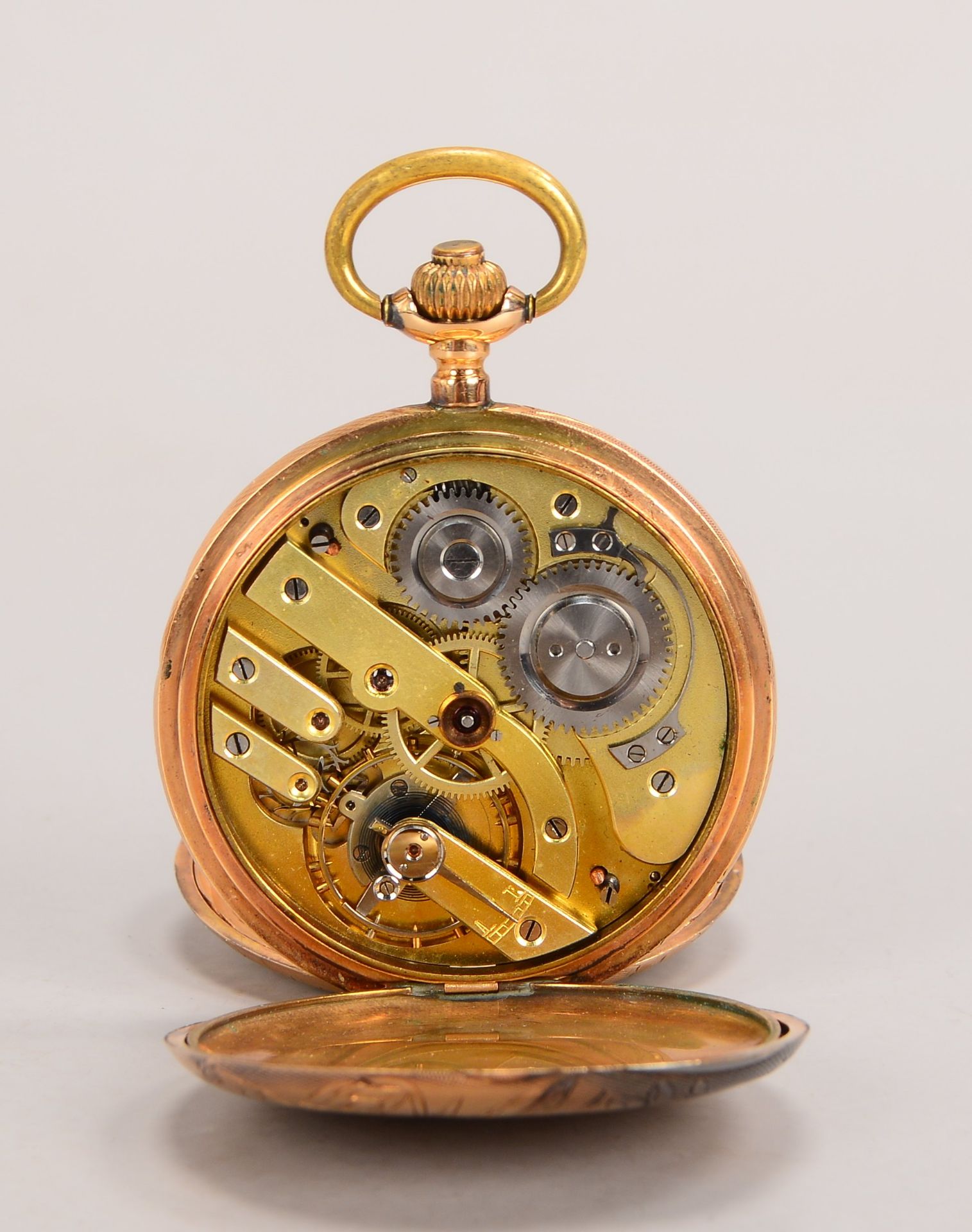 Taschenuhr, 585 RG, zwei Deckel Gold, Ringhandhabe aus Messing, ohne Glas Durchmesser 5 cm, Gewicht - Image 2 of 4