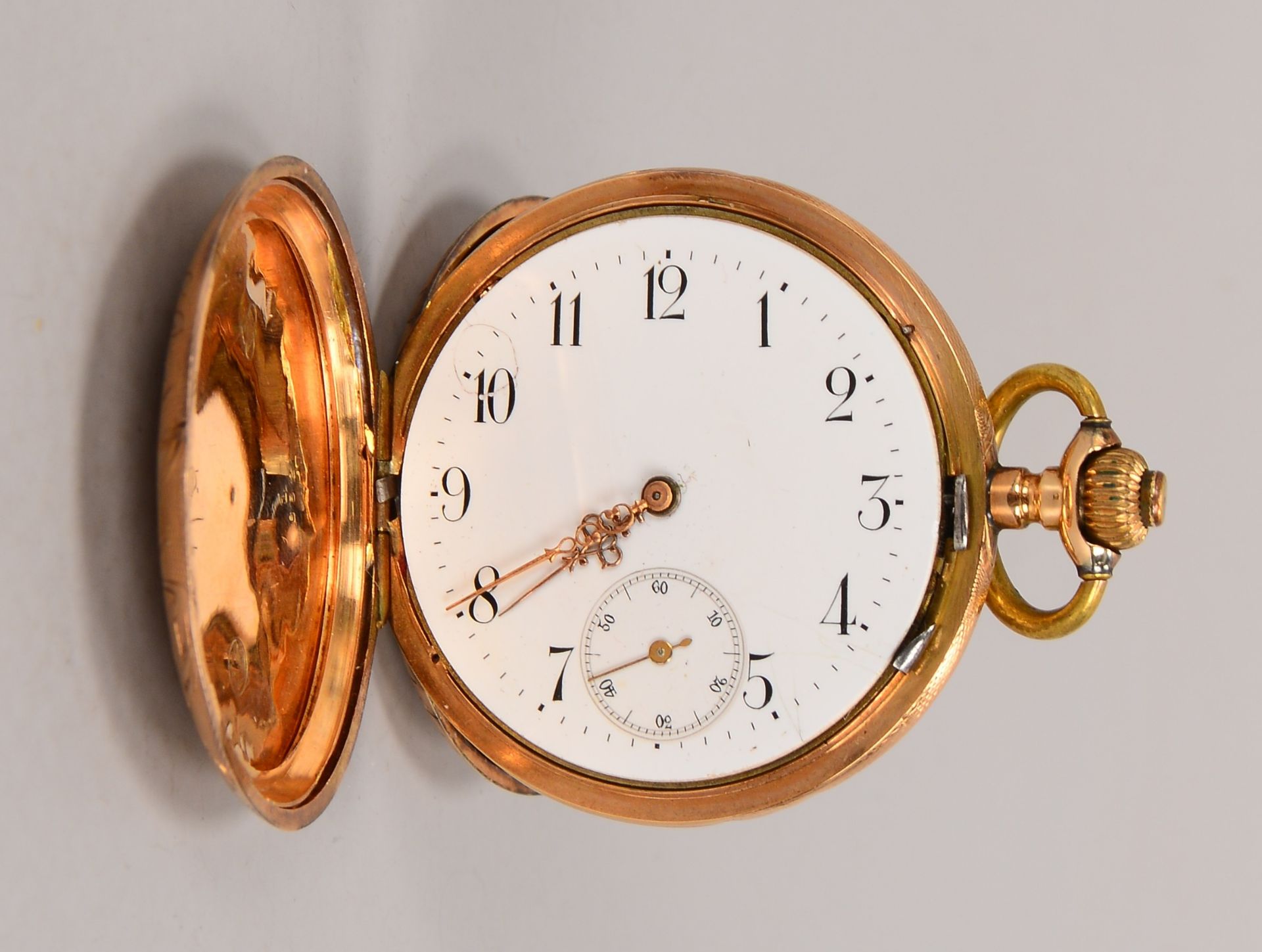 Taschenuhr, 585 RG, zwei Deckel Gold, Ringhandhabe aus Messing, ohne Glas Durchmesser 5 cm, Gewicht