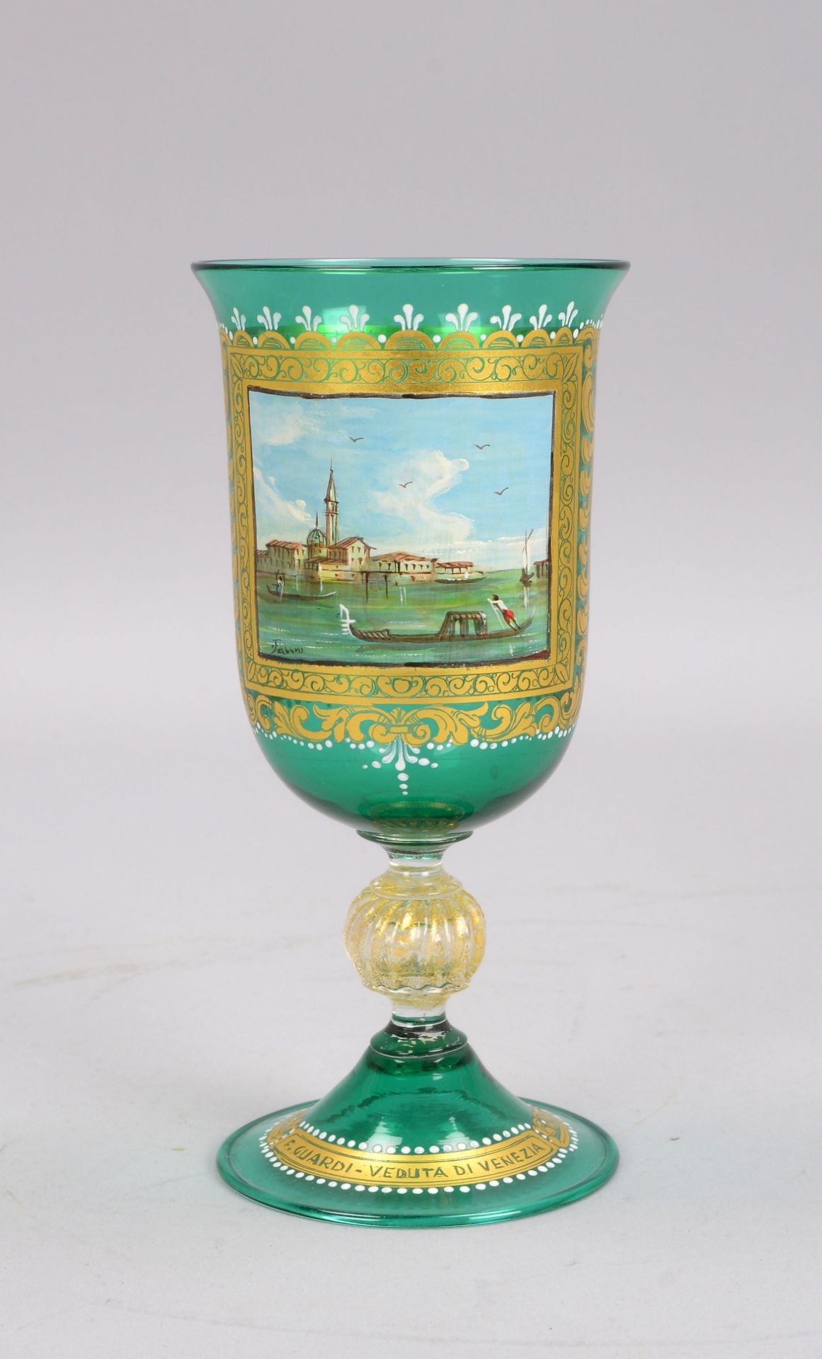 Glasgef&auml;&szlig; (Murano, handgefertigt), antik, handbemalt (Venedig-Motiv mit Gondoliere - nach