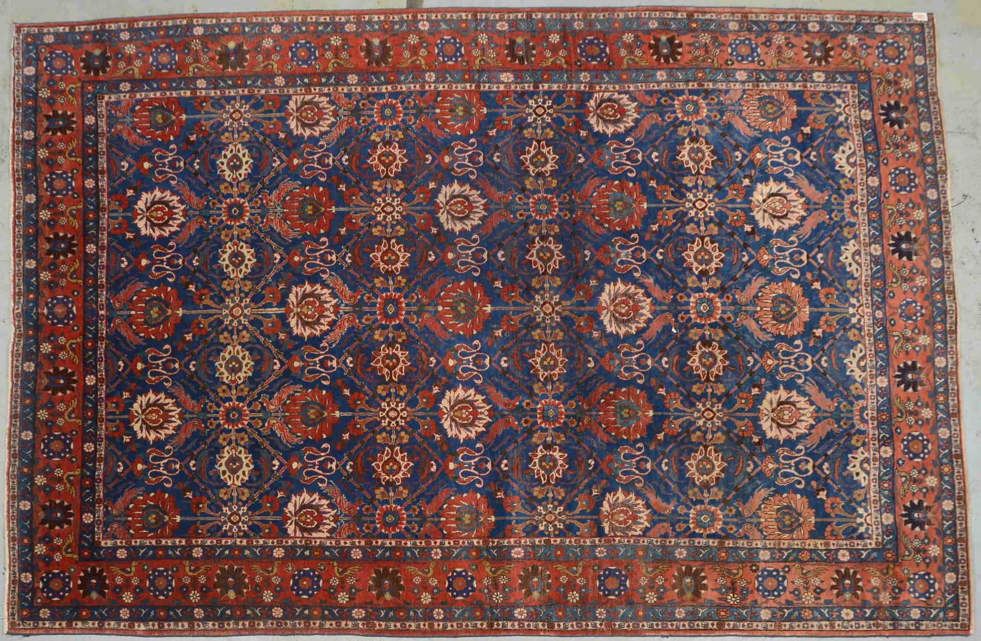 Täbriz-Orientteppich, alt, wasserblauer Fond, mit Palmetten- und Vogelmotiven durchgemustert, Flor i - Bild 2 aus 2