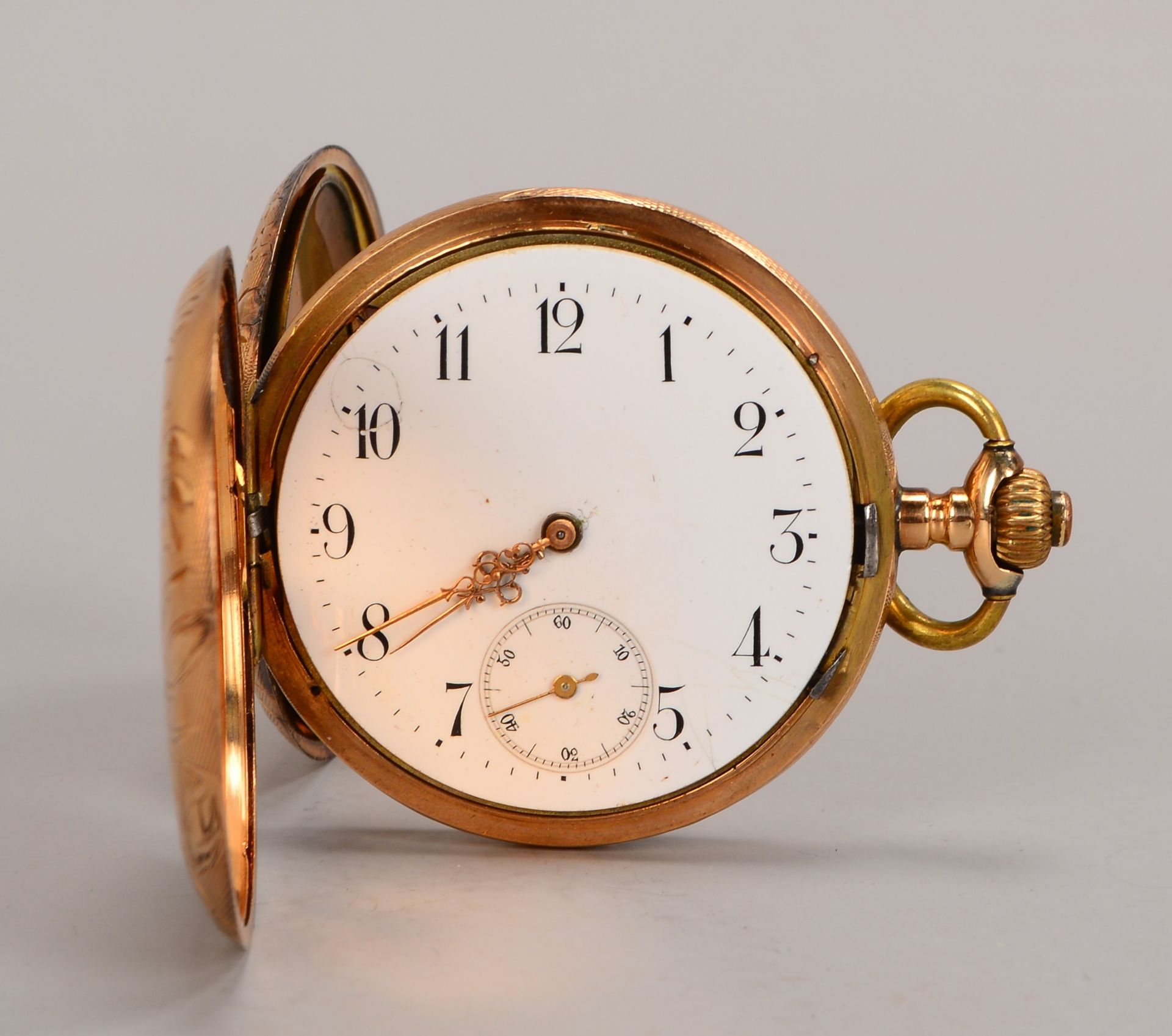 Taschenuhr, 585 RG, zwei Deckel Gold, Ringhandhabe aus Messing, ohne Glas Durchmesser 5 cm, Gewicht - Image 3 of 4