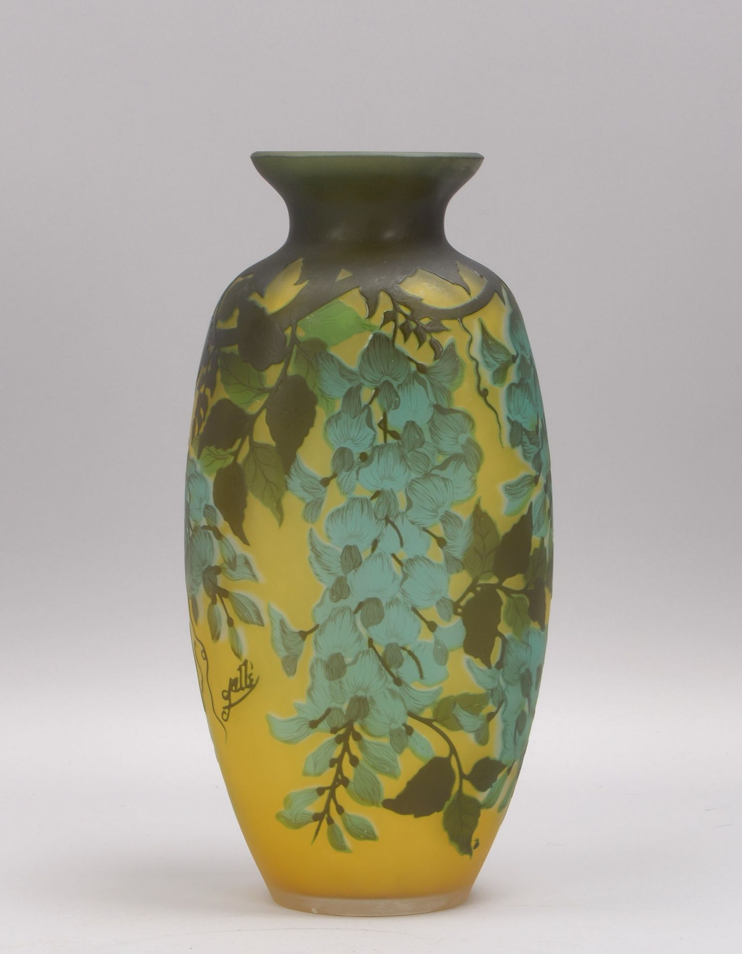 Vase, Typ Gall&eacute;, geschnittenes/ge&auml;tztes Glas, gelb unterfangen/mit braunem und gr&uuml;n