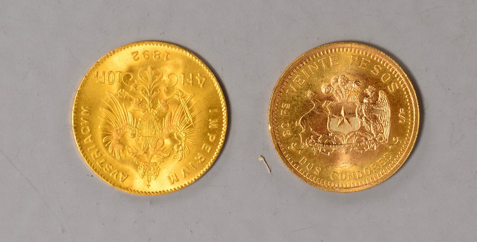 --2 Goldmünzen: 1x '4 Florin/10 Franken, Österreich', 900 Gold, Gewicht 3,23 g; und 1x '20 Persos, C - Bild 2 aus 2