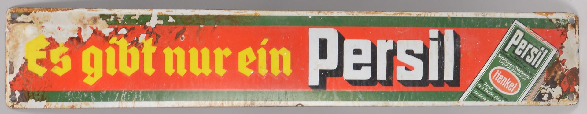 Werbeschild, alt, -Es gibt nur ein Persil-, Masse 65 x 11 cm (mit diversen Fehlstellen)