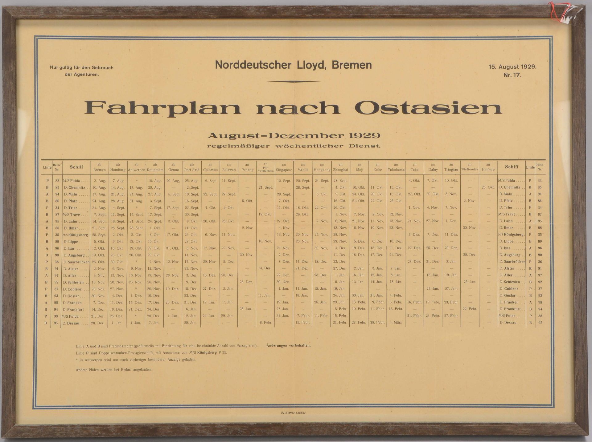 Maritimes Sammler-Dokument, &#039;NDL Bremen&#039;: &#039;Fahrplan nach Ostasien, 15. August, 1929,