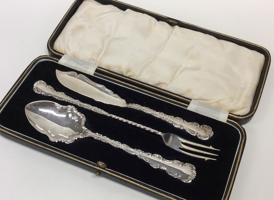 A good cased silver three piece preserve set with