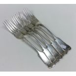 A set of five fiddle pattern silver table forks. S