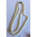 A double string of pearl beads with gold clasp. Ap