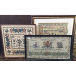 Three framed and glazed embroideries; one depictin