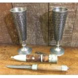 An Antique hardwood dagger together with goblets.