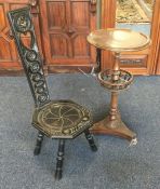 An oak carved hall chair together with an occasion