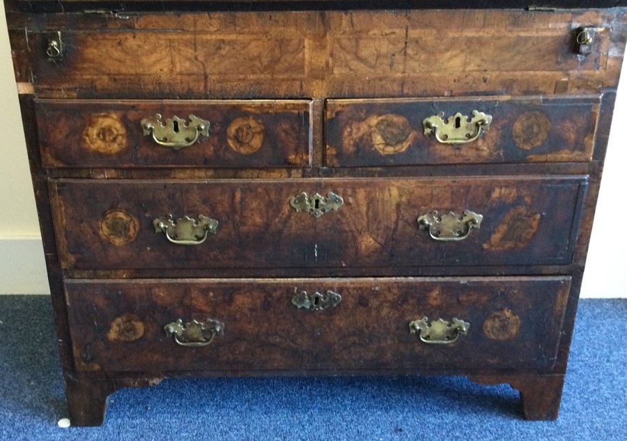 An early George II figured walnut bureau on bracke - Image 2 of 3