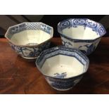 A group of three Chinese blue and white bowls. Est