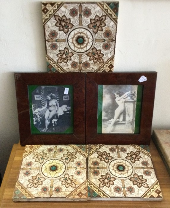 A group of three old Minton style tiles together w