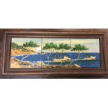 A Spanish framed trio of tiles depicting fishing t