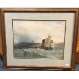 A framed and glazed watercolour depicting fishing