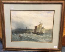 A framed and glazed watercolour depicting fishing