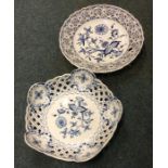 MEISSEN: Two blue and white dishes with floral and