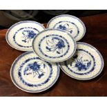 A set of five Chinese blue and white plates. Est.