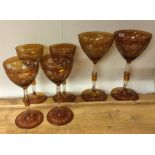 An attractive etched amber six piece glasses set.