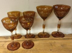 An attractive etched amber six piece glasses set.