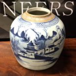 A large blue and white ginger jar decorated with a