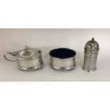 An engine turned silver three piece cruet with BGL