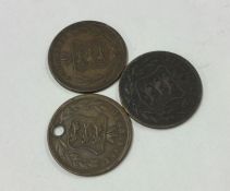 3 x Guernsey 8 Doubles coins dated 1864; 1864 (Hol