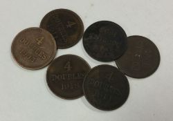 5 x Guernsey 4 Doubles coins dated 1902 - 1920.