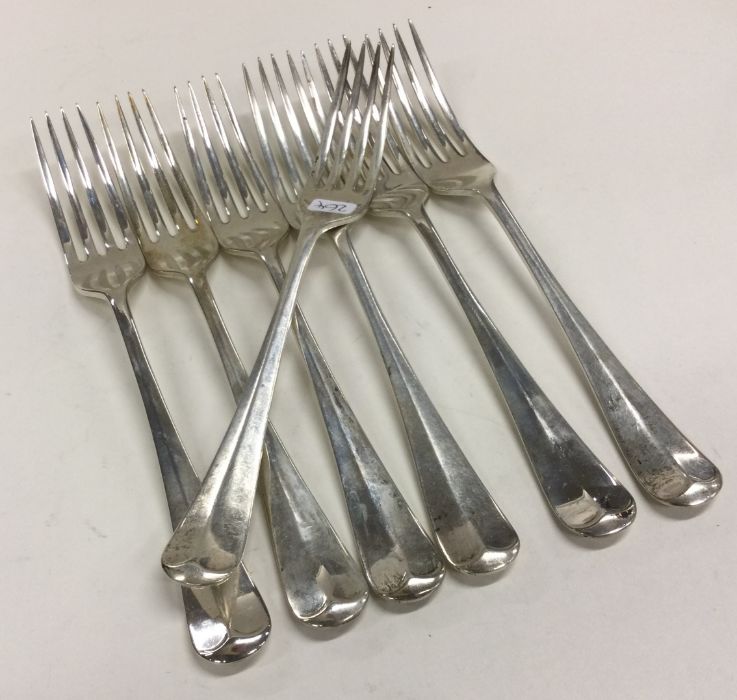 A heavy set of six silver table forks. Sheffield.
